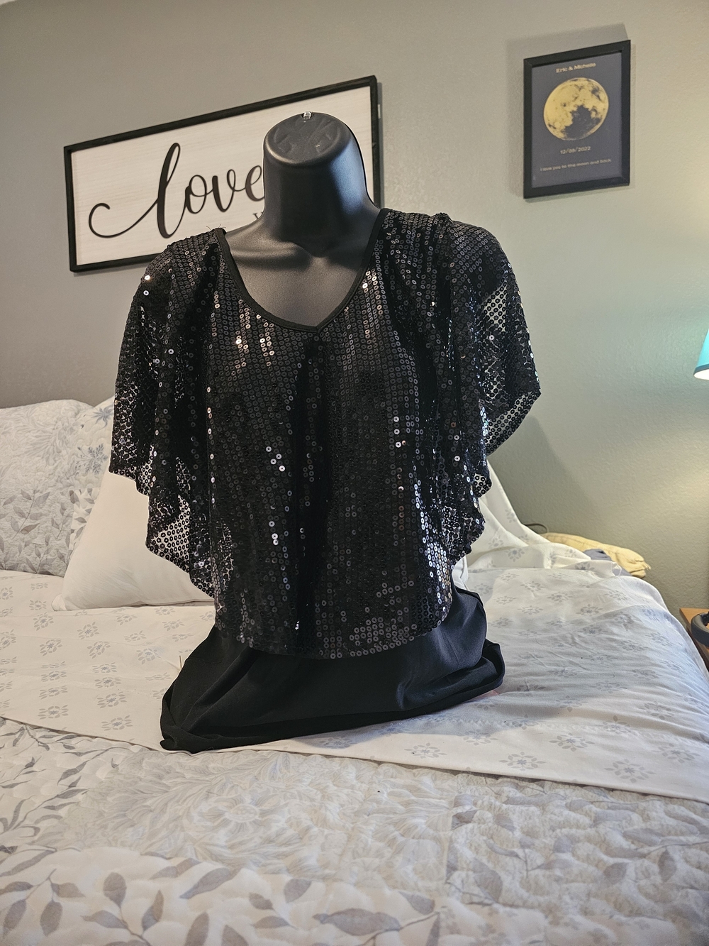 Black Sequin Flutter Sleeve Crop Top